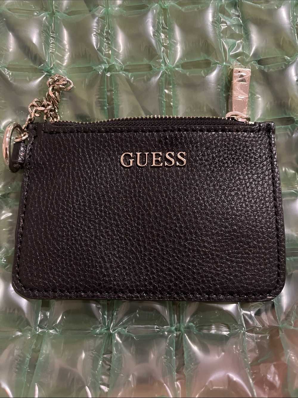 Guess Black Pebbled Leather Key & Card Pouch with Silver Hardware